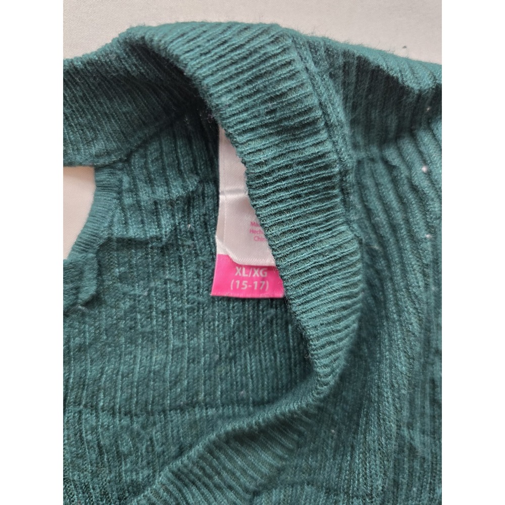 No Boundaries Hunter Green Ribbed Knit Lattice V-Neck Long Sleeve Top XL 15-17